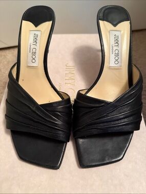 Jimmy Choo Black Leather Twisted Strap Slide Mules